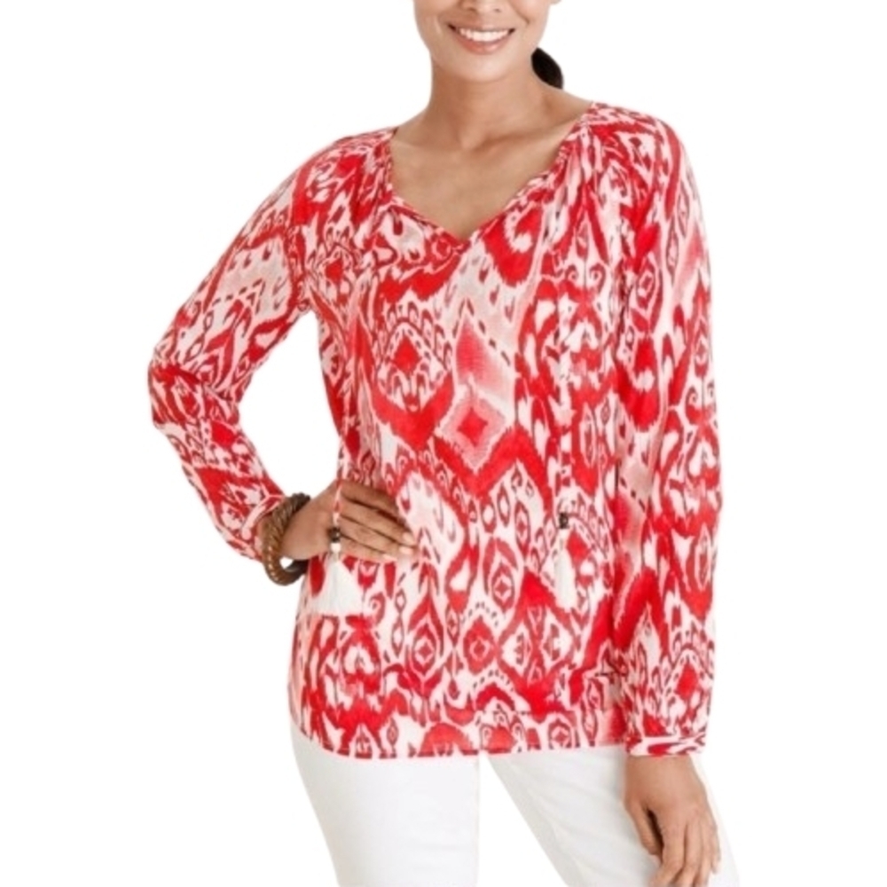 NWOT Chico's Ikat Flare Pattern Flame Scarlett Popover Top Size 0 (4/S) Tassels